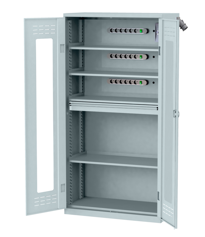 Akkuladeschrank mit Flügeltüren FLGTRSHRNK-SICHTF-AKKU-AS22-RAL7035