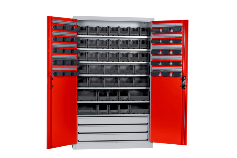 Flügeltürenschrank Tiefe 500 mm mit System-Lagerboxen W-SLB Größe 1, 2, 3 und 4