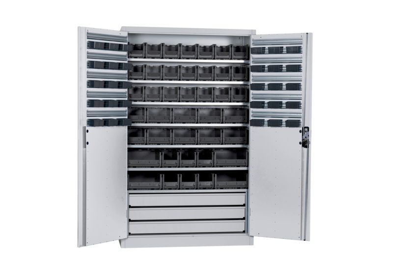 Flügeltürenschrank Tiefe 500 mm mit System-Lagerboxen W-SLB Größe 1, 2, 3 und 4