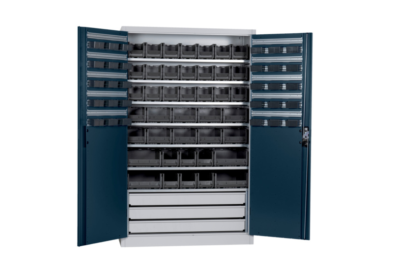 Flügeltürenschrank Tiefe 500 mm mit System-Lagerboxen W-SLB Größe 1, 2, 3 und 4