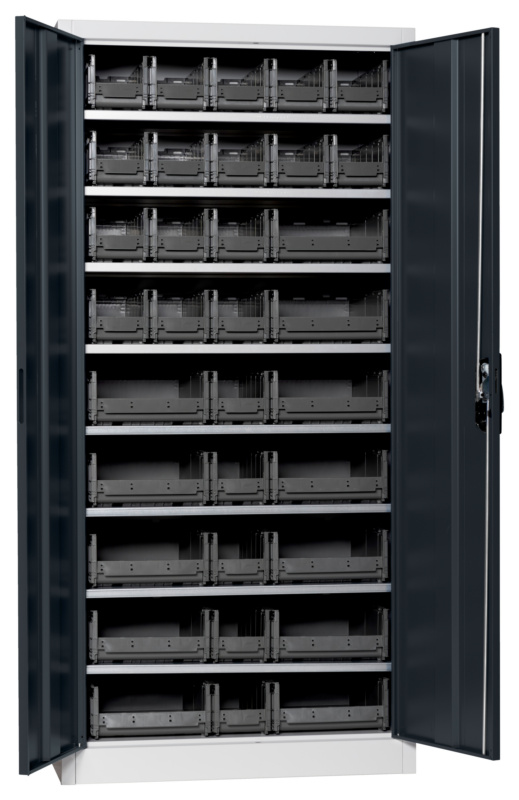 Flügeltürenschrank Tiefe 500 mm mit System-Lagerboxen W-SLB Größe 3 und 4