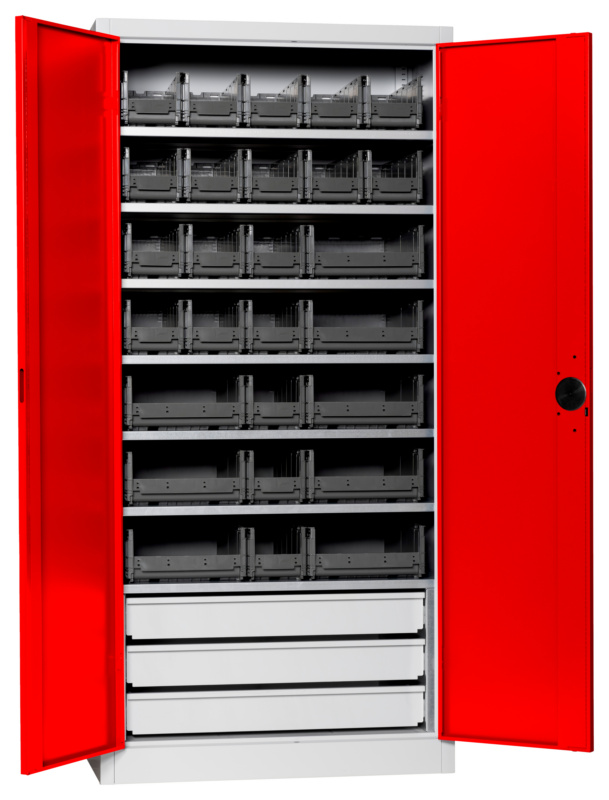 Flügeltürenschrank Tiefe 500 mm mit System-Lagerboxen W-SLB Größe 3 und 4