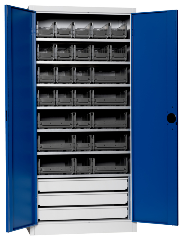Flügeltürenschrank Tiefe 500 mm mit System-Lagerboxen W-SLB Größe 3 und 4