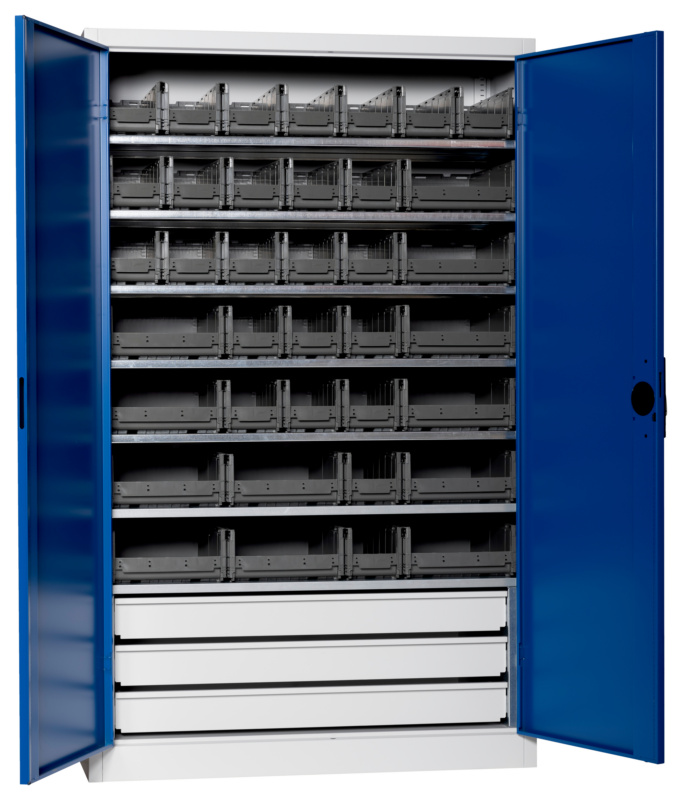 Flügeltürenschrank Tiefe 500 mm mit System-Lagerboxen W-SLB Größe 3 und 4