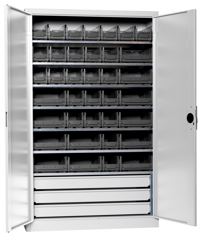 Flügeltürenschrank Tiefe 500 mm mit System-Lagerboxen W-SLB Größe 3 und 4