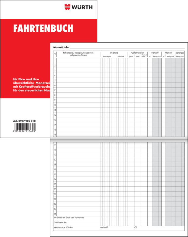 Fahrtenbuch PKW und LKW im Format DIN A5 mit 32 Blatt