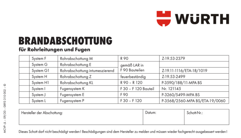 Kennzeichnungsschild Brandabschottung 14 x 8 für Kabel und elektrische Leitungen
