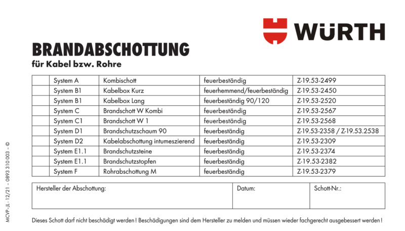 Kennzeichnungsschild Brandabschottung für Kabel und elektrische Leitungen
