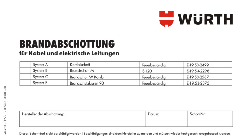 Kennzeichnungsschild Brandabschottung 14 x 8 für Kabel und elektrische Leitungen