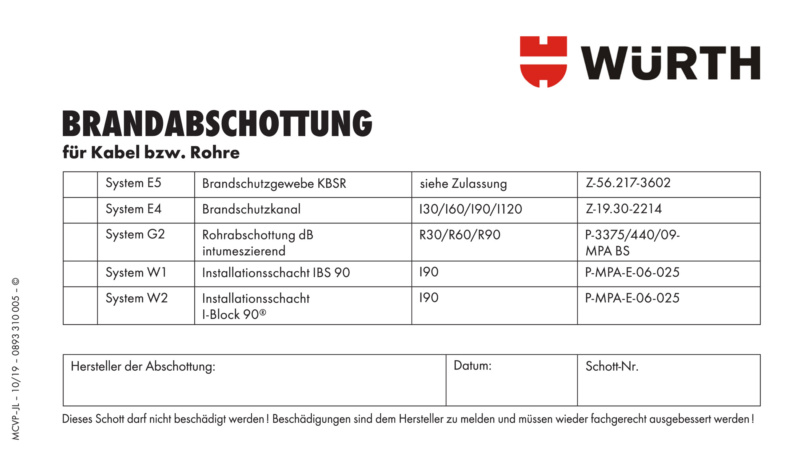 Kennzeichnungsschild Brandabschottung für Kabel und elektrische Leitungen