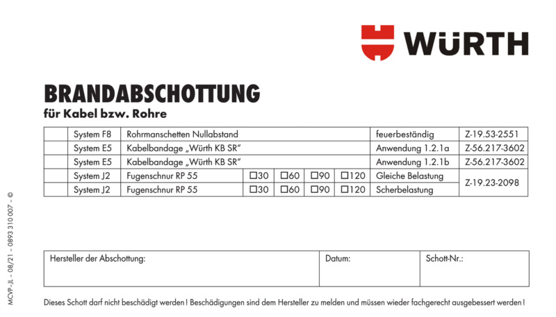 Kennzeichnungsschild Brandabschottung für Kabel und elektrische Leitungen