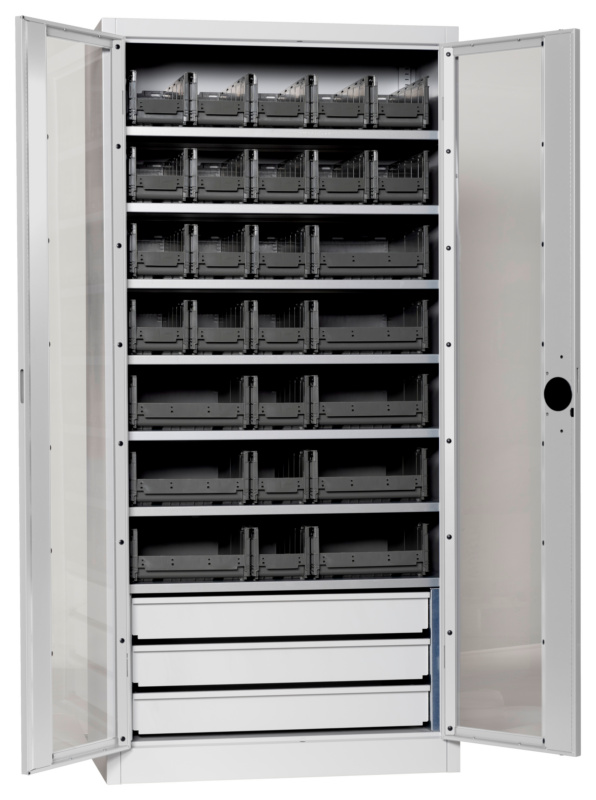 Flügeltürenschrank Tiefe 500 mm FLGTRSHRNK-SICHTF-SLB-FB520S-BOX-RAL7035