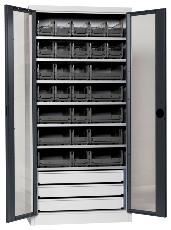Flügeltürenschrank Tiefe 500 mm FLGTRSHRNK-SICHTF-SLB-FB520S-BOX-RAL7016