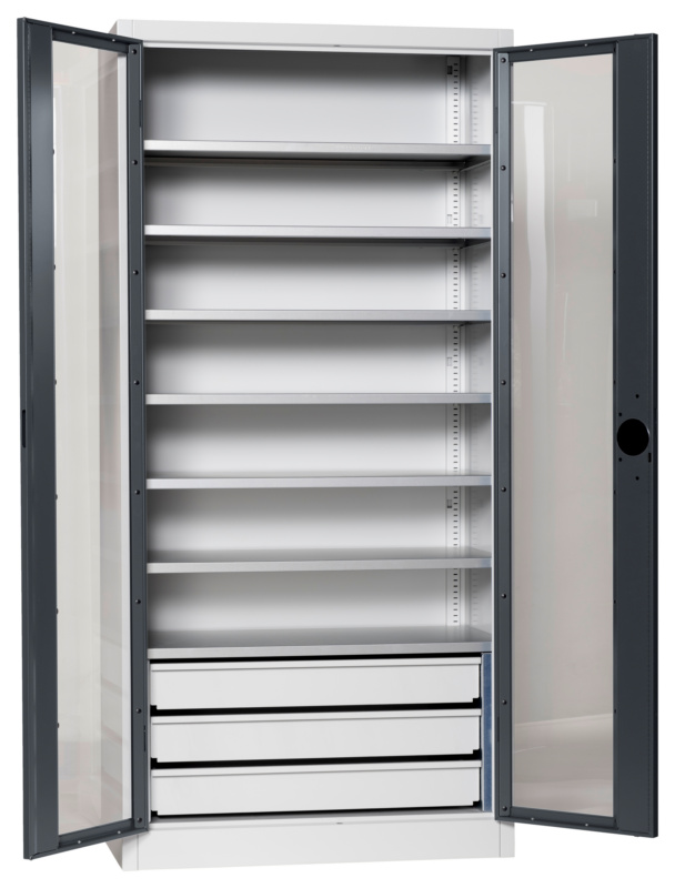 Flügeltürenschrank Tiefe 500 mm mit Sichtfenstertüren