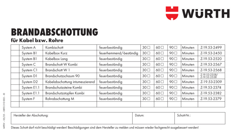 Kennzeichnungsschild Brandabschottung für Kabel, Rohre und elektrische Leitungen