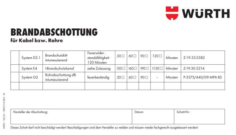 Kennzeichnungsschild Brandabschottung für Kabel, Rohre und elektrische Leitungen