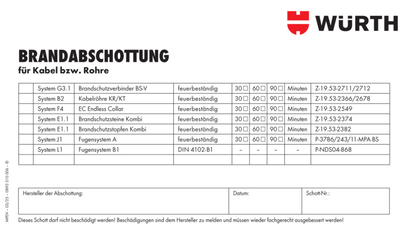 Kennzeichnungsschild Brandabschottung für Kabel, Rohre und elektrische Leitungen