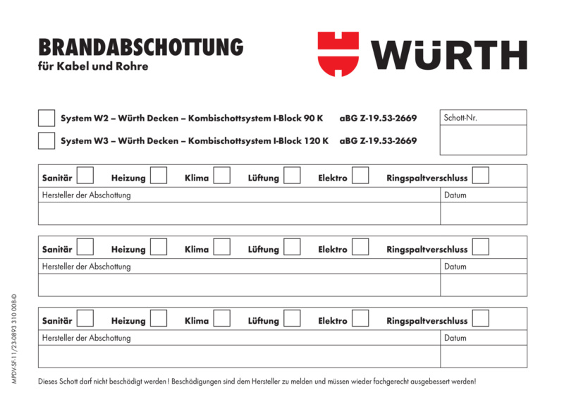 Kennzeichnungsschild Brandabschottung für Kabel, Rohre und elektrische Leitungen