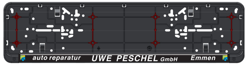 Kennzeichenbefestigung Twin-Fixx komplett bedruckt mit 4 roten Gummieinlagen
