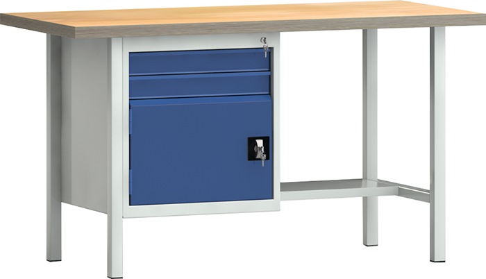 Werkbank PW 700 B1500xT700xH840mm Buche Multiplex lichtgrau/blau 2 Schubl.1 Tür