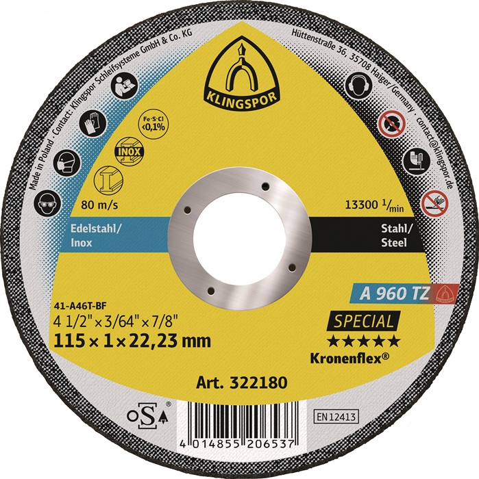 Trennscheibe A 960 TZ Special D115x1mm ger.INOX Bohr.22,23mm KLINGSPOR