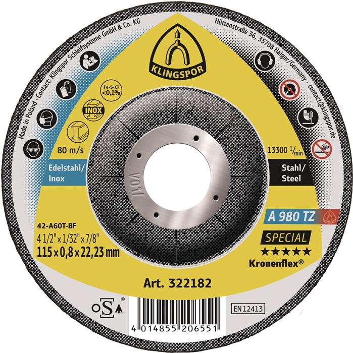 Trennscheibe A 980 TZ Special D125x0,8mm gekr.INOX Bohr.22,23mm KLINGSPOR