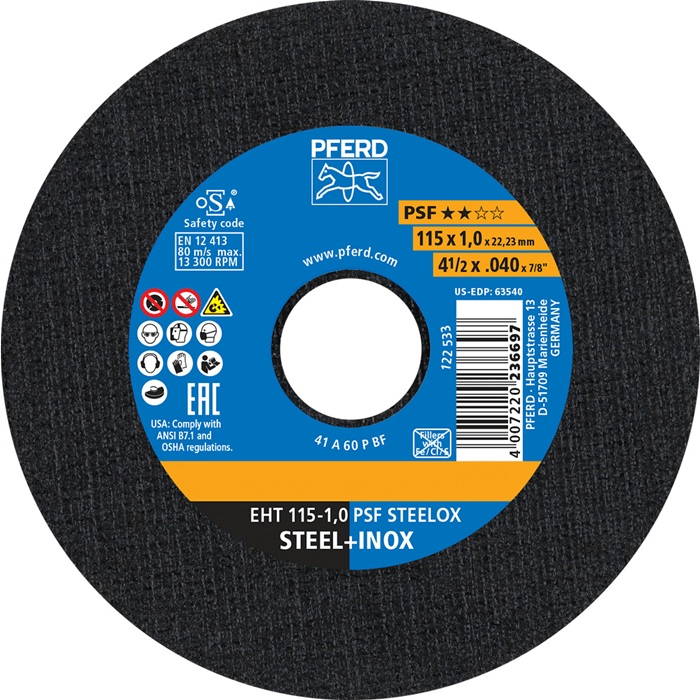 Trennscheibe PSF STEELOX D115x1mm ger.INOX Bohr.22,23mm PFERD