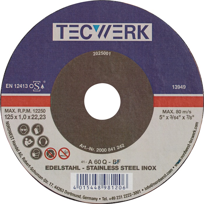 Trennscheibe INOX D115x1mm ger.INOX Bohr.22,23mm TECWERK