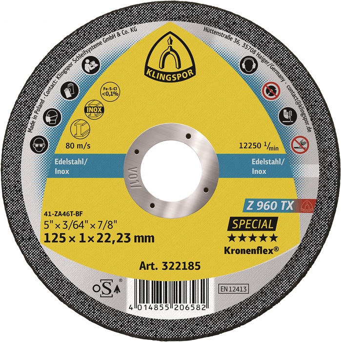 Trennscheibe Z 960 TX D125x1mm ger.INOX Bohr.22,23mm KLINGSPOR