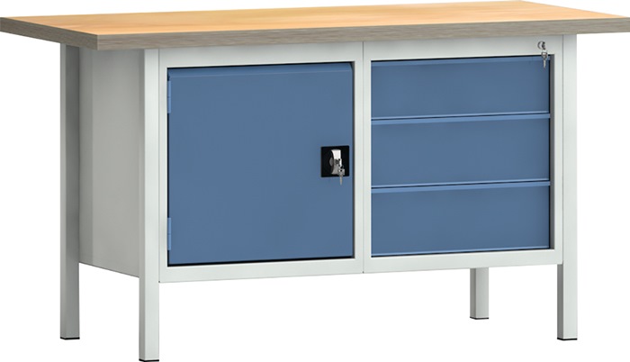 Werkbank PW 700 B1500xT700xH840mm Buche Multiplex grau/brillantblau 3Schubl.1Tür