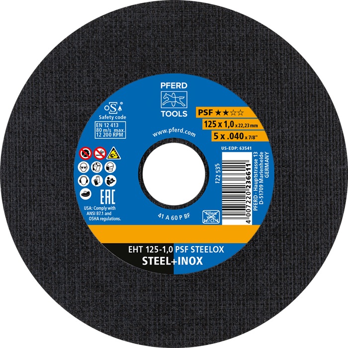Trennscheibe PSF STEELOX D125x1mm ger.INOX Bohr.22,23mm PFERD