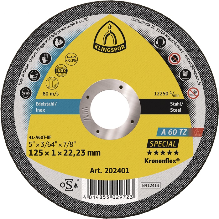 Trennscheibe A 60 TZ Special D125x1mm ger.INOX Bohr.22,23mm KLINGSPOR