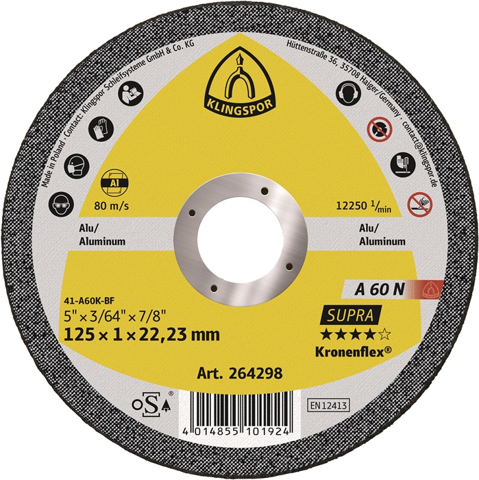 Trennscheibe A 60N Supra D125x1mm ger.Alu.Bohr.22,23mm KLINGSPOR