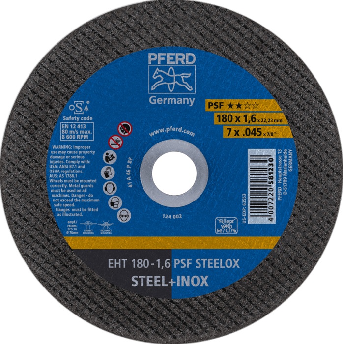 Trennscheibe PSF STEELOX D180x1,6mm ger.INOX Bohr.22,23mm PFERD