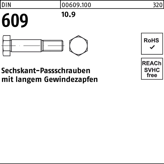 Sechskantpassschraube DIN 609 langem Gewindezapfen M8x 50 10.9 50 Stück