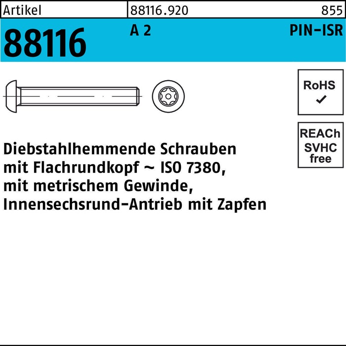 Schraube R 88116 diebstahlhemmend ISR Zapfen M5x 12-T25 A 2 100 Stück