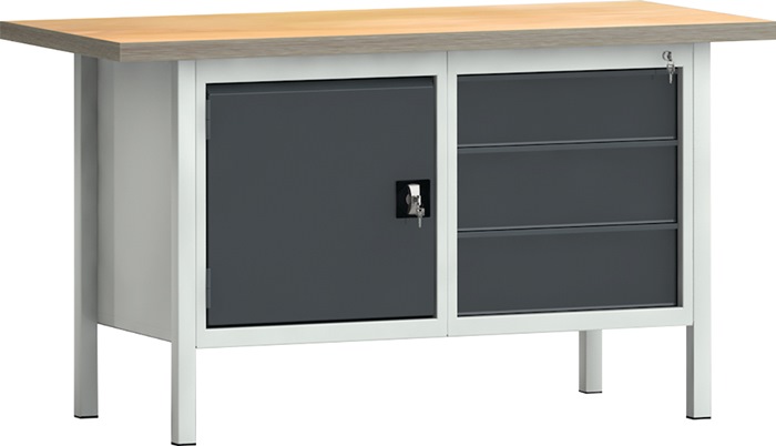Werkbank PW 700 B1500xT700xH840mm Buche Multiplex lichtgrau/grau 3 Schubl.1 Tür