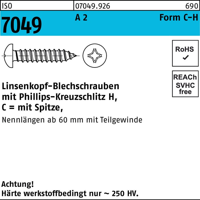 Blechschraube ISO 7049 LIKO Spitze/PH C 6,3x 45-H A 2 250 Stück