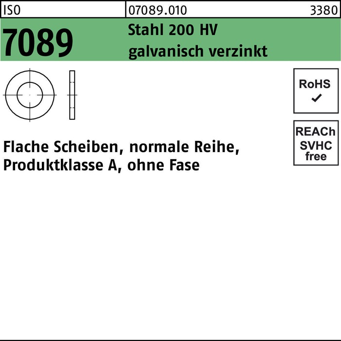 Unterlegscheibe ISO 7089 o.Fase 6 Stahl 200 HV galv.verz. 1000 Stück