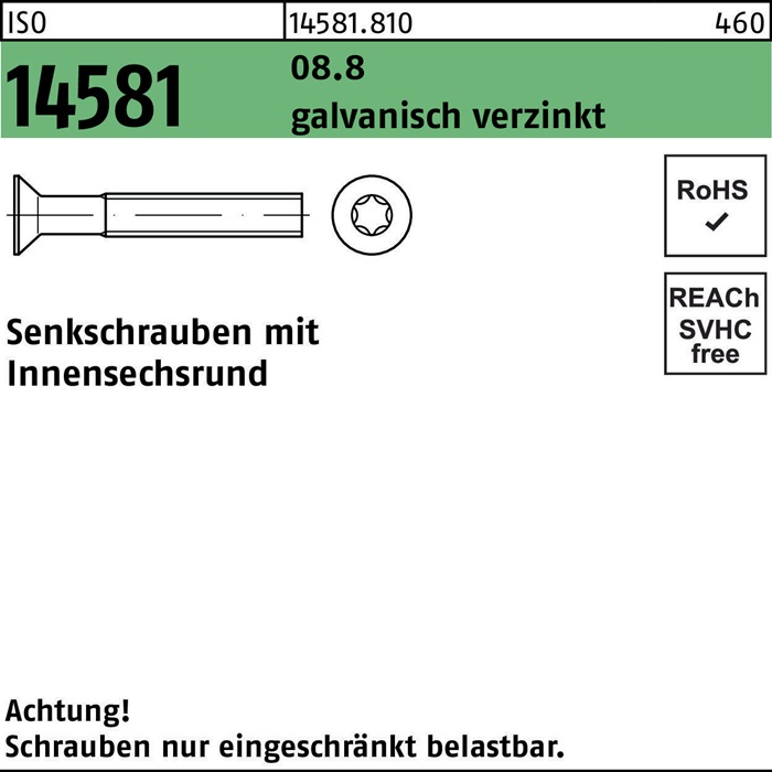 Senkschraube ISO 14581 ISR M6x10 T30 8.8 galv.verz. 500St.