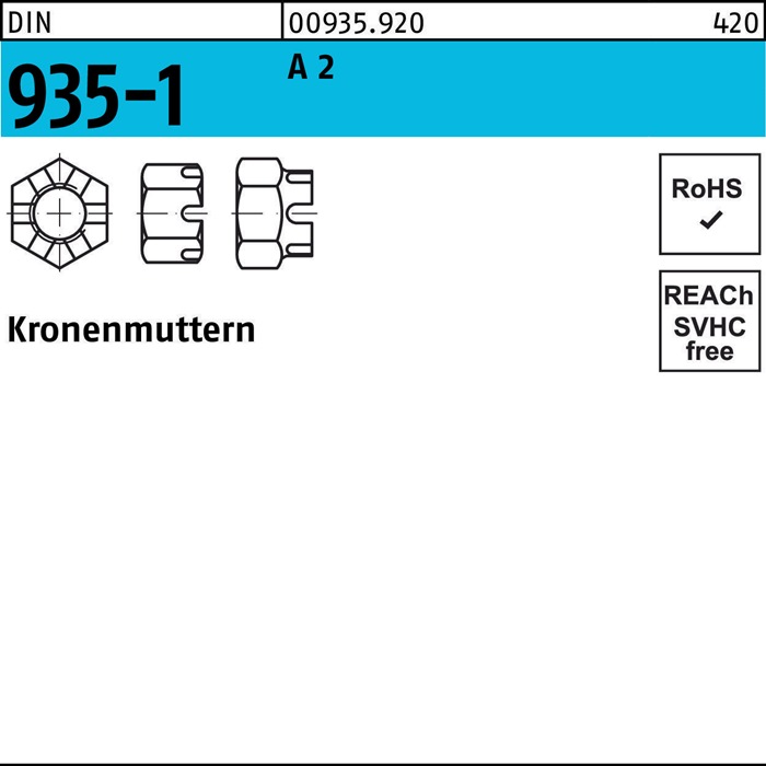 Kronenmutter DIN 935-1 M12 SW 19 A 2 25 Stück