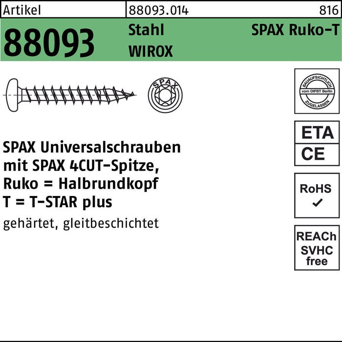 Schraube R 88093 Ruko Spitze/T-STAR 5x70/60-T20 Sta galv.verz. WIROX 200St. SPAX