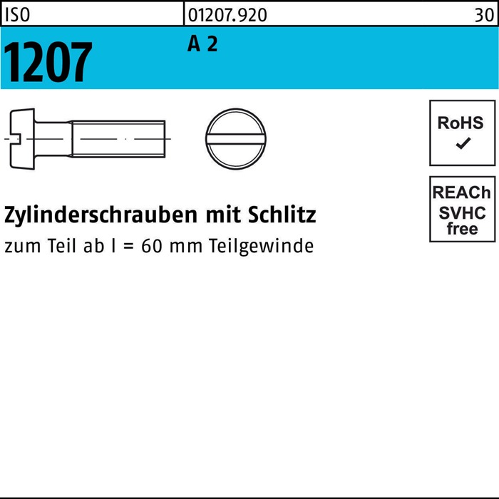 Zylinderschraube ISO 1207 Schlitz M2x 10 A 2 1000 Stück