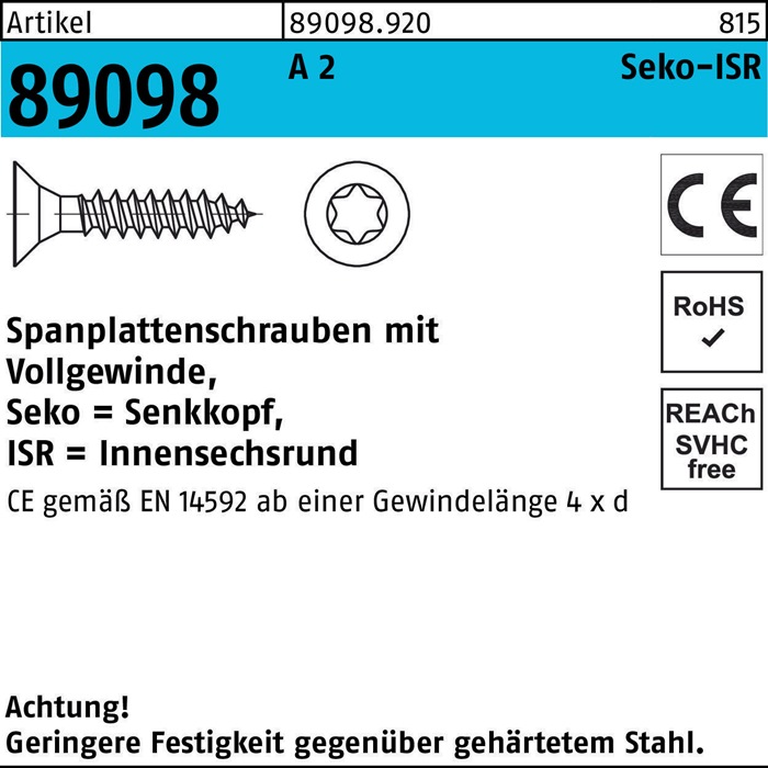 Spanplattenschraube R 89098 SEKO ISR VG 6x 50-T25 A 2 100 Stück