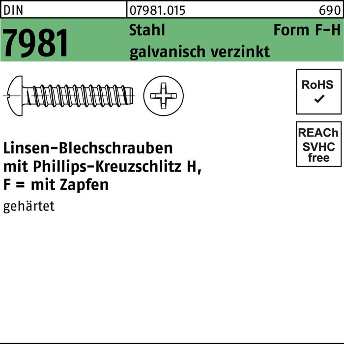 Blechschraube DIN 7981 LIKO PH F 3,9x19-H Stahl galv.verz. Zapfen 1000St.