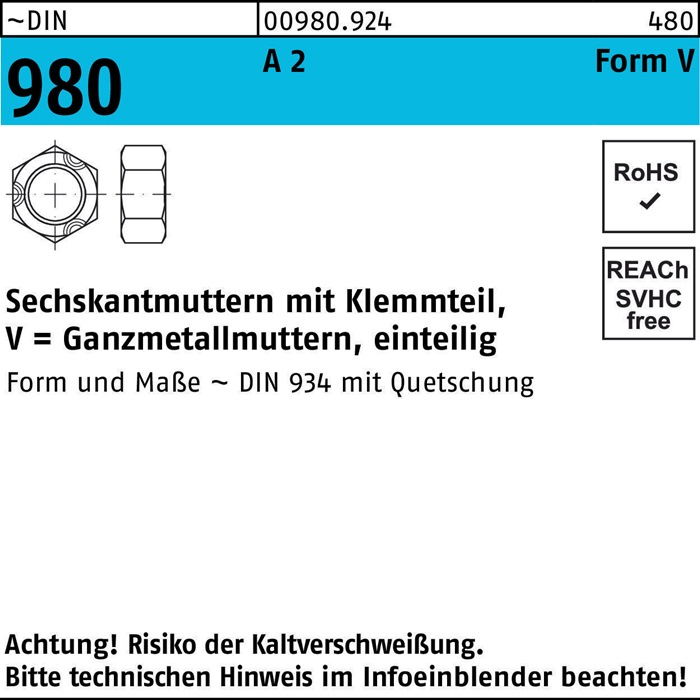 Sechskantmutter DIN 980 Klemmteil VM 5 A 2 1000 Stück
