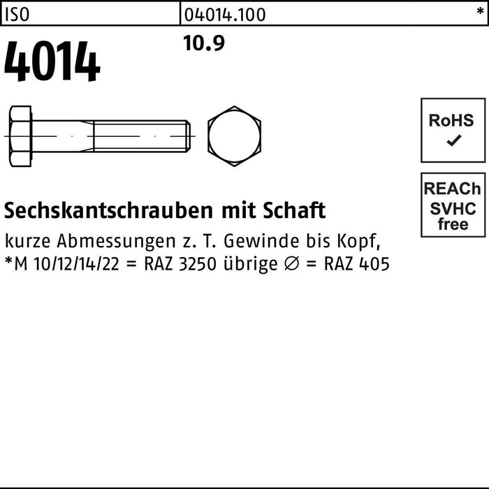 Sechskantschraube ISO 4014 Schaft M12x 190 10.9 25 Stück