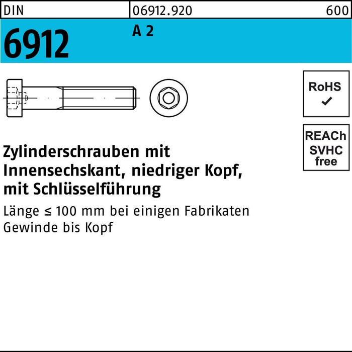 Zylinderschraube DIN 6912 Innen-6kt M6x 14 A 2 100 Stück