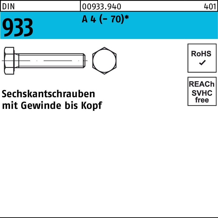 Sechskantschraube DIN 933 VG M 36 x 80 A 4 (- 70) 5 Stück