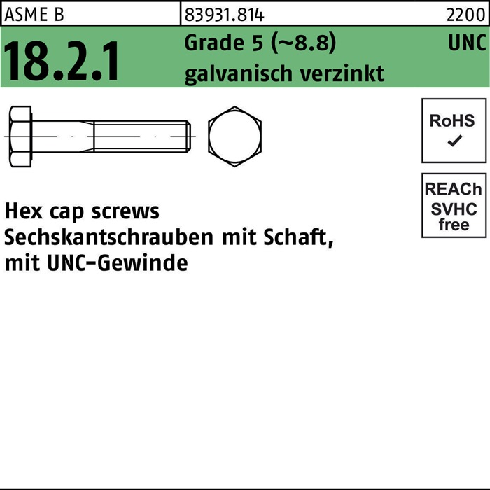 Sechskantschraube R 83931 UNC/Schaft 3/4x6 Grade 5 (~8.8) galv.verz. 25St.